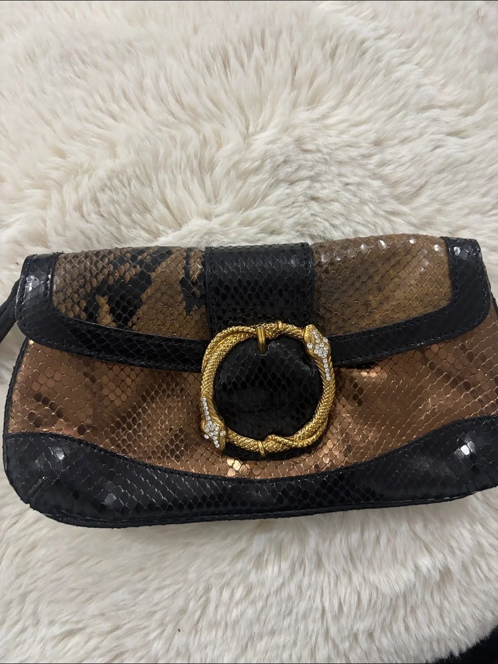 Doncaster Embossed Snakeskin Leather Clutch Bronze Gold‎ Rhinestone Snake